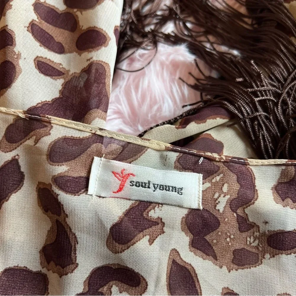 Soul Young Leopard & Floral Open Front Fringe Hem 2 Kimono Duster Blouses O/S - Picture 2 of 16